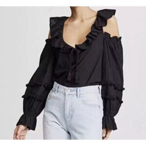 Rebecca Minkoff Women’s Black Ruffle Pippa Top Sz Small Cold Shoulder New $98.00